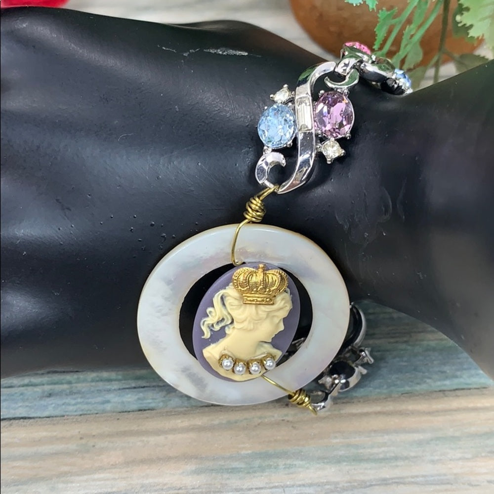Adorned Crown artisan assemblage purple 
cameo rhinestone bracelet