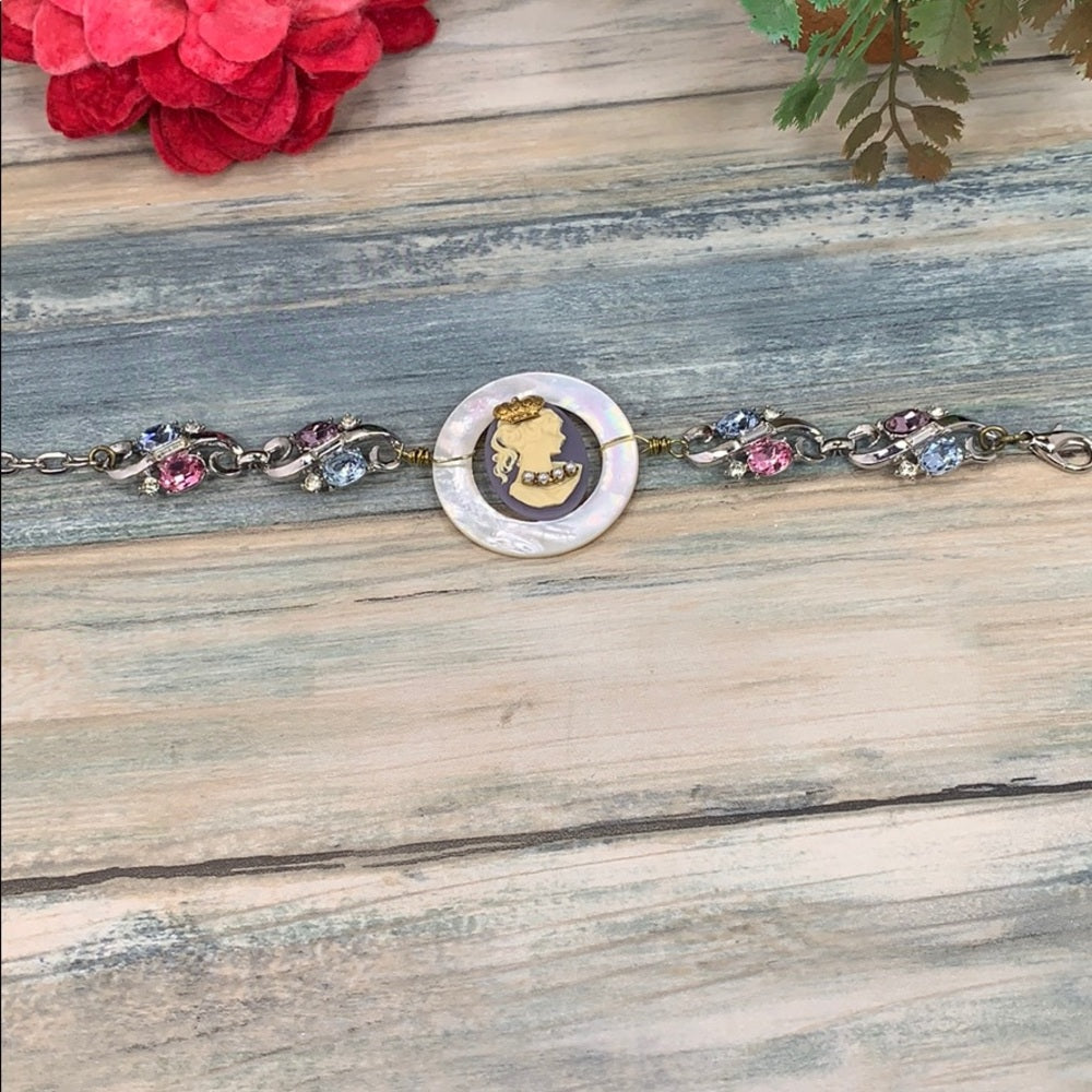 Adorned Crown artisan assemblage purple 
cameo rhinestone bracelet