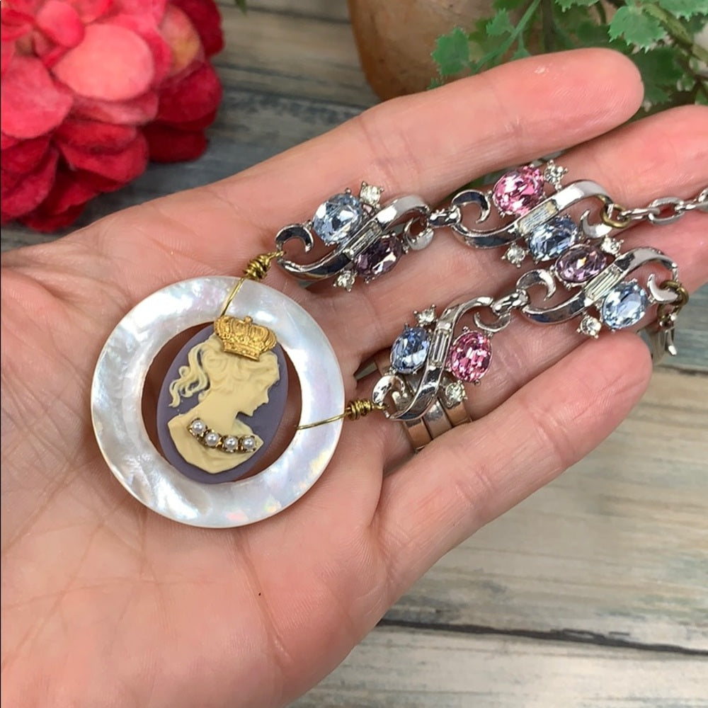 Adorned Crown artisan assemblage purple 
cameo rhinestone bracelet