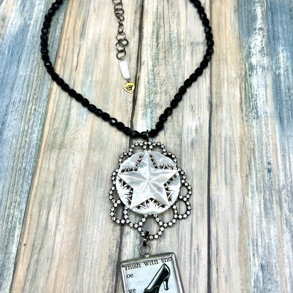Adorned Crown Jewelry assemblage shoe carved mop star rhinestone necklace