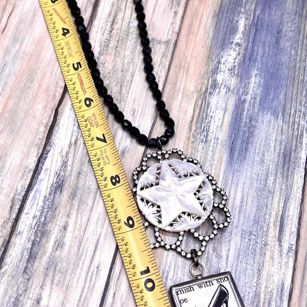 Adorned Crown Jewelry assemblage shoe carved mop star rhinestone necklace