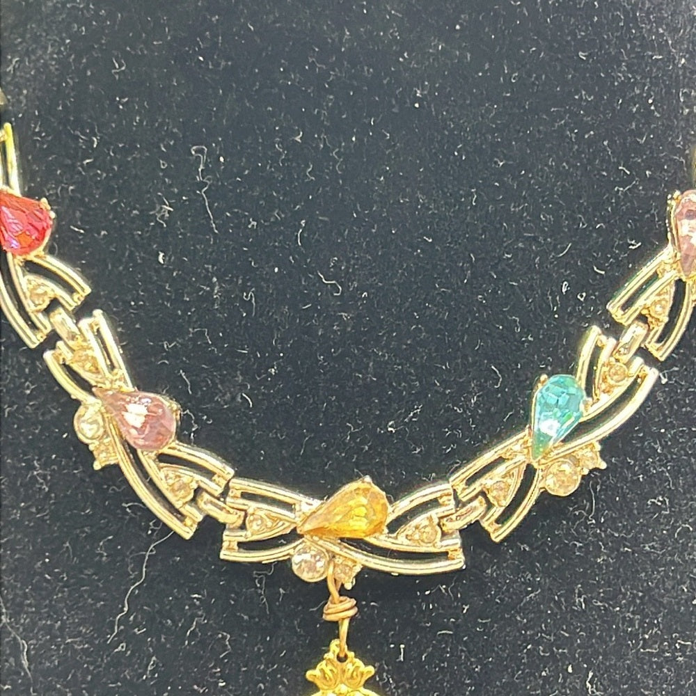 Adorned Crown Jewelry Assemblage rhinestone butterfly gold filigree necklace