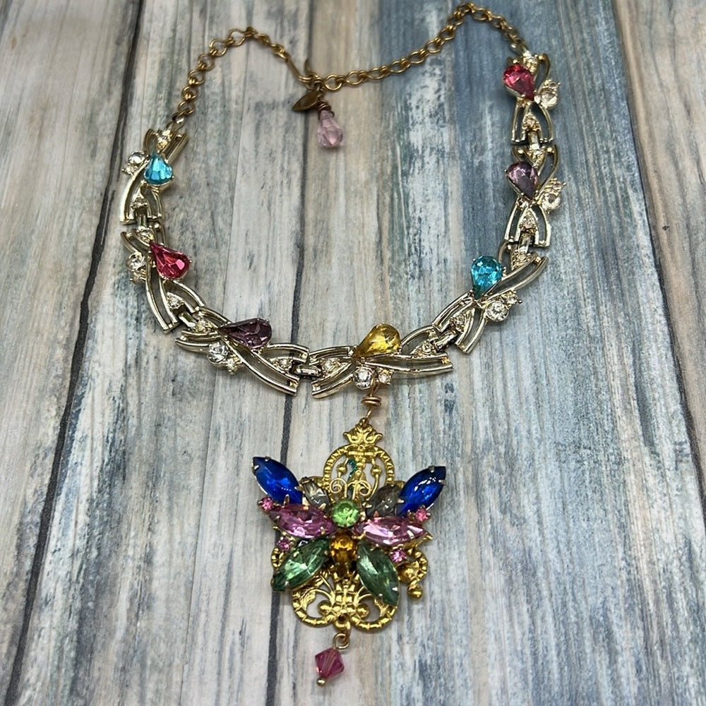 Adorned Crown Jewelry Assemblage rhinestone butterfly gold filigree necklace