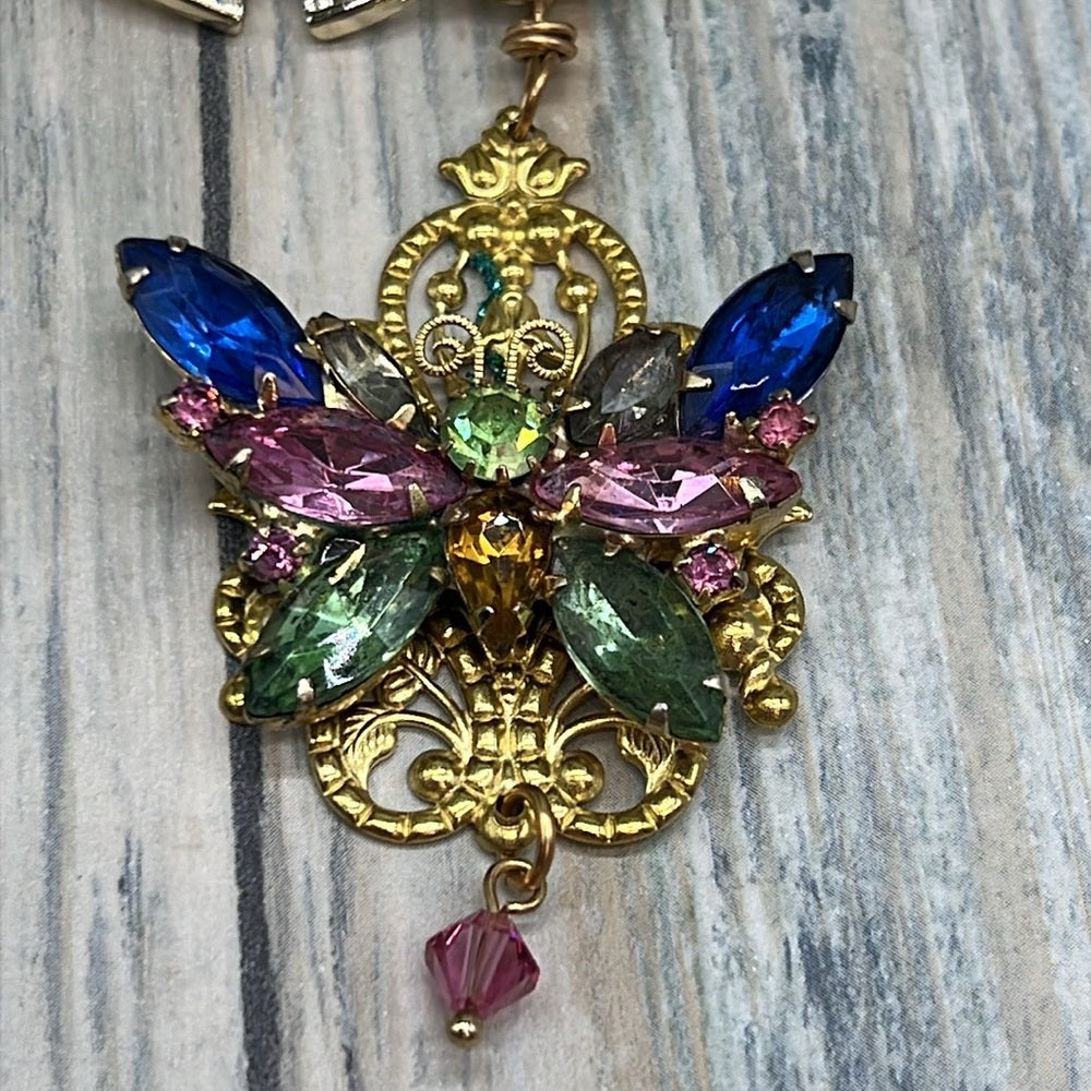 Adorned Crown Jewelry Assemblage rhinestone butterfly gold filigree necklace