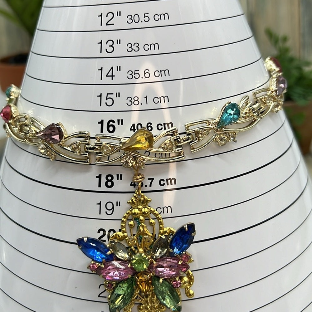 Adorned Crown Jewelry Assemblage rhinestone butterfly gold filigree necklace