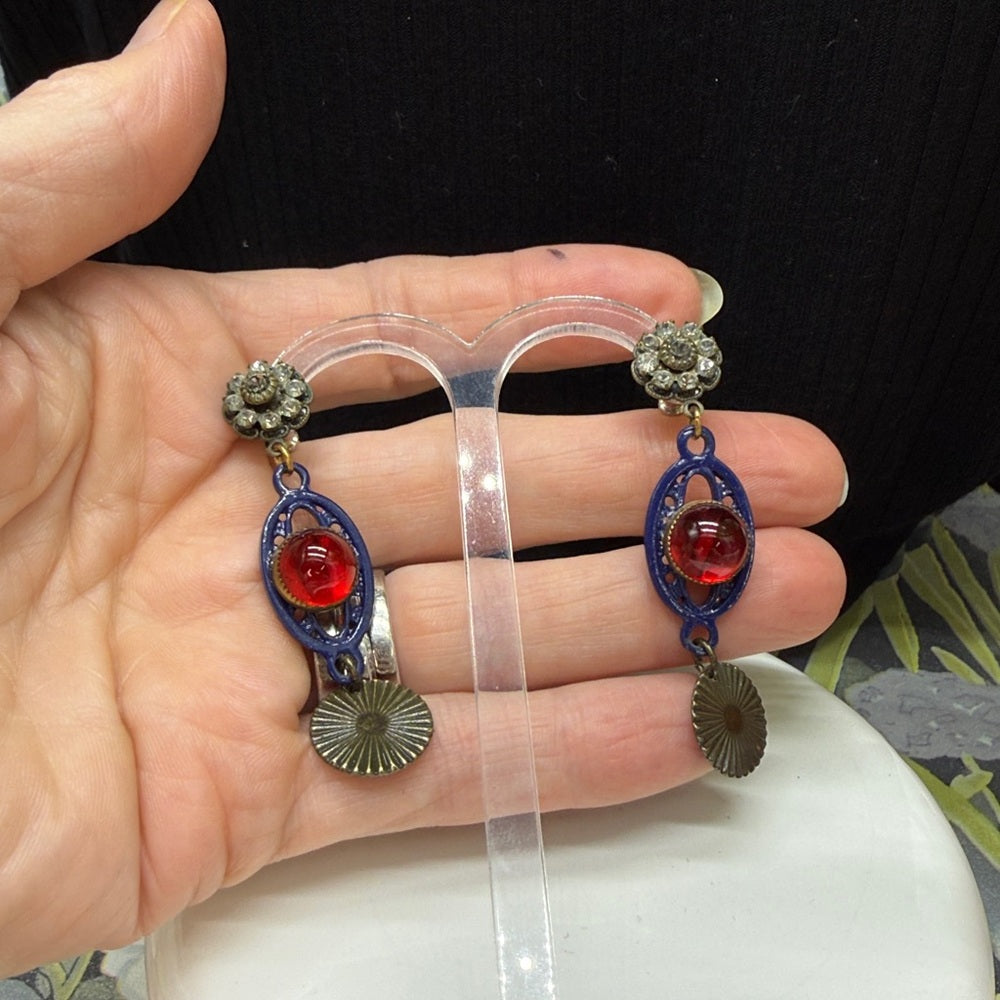 Adorned Crown Jewelry july 4th red white blue enamel glass rhinestone earrings