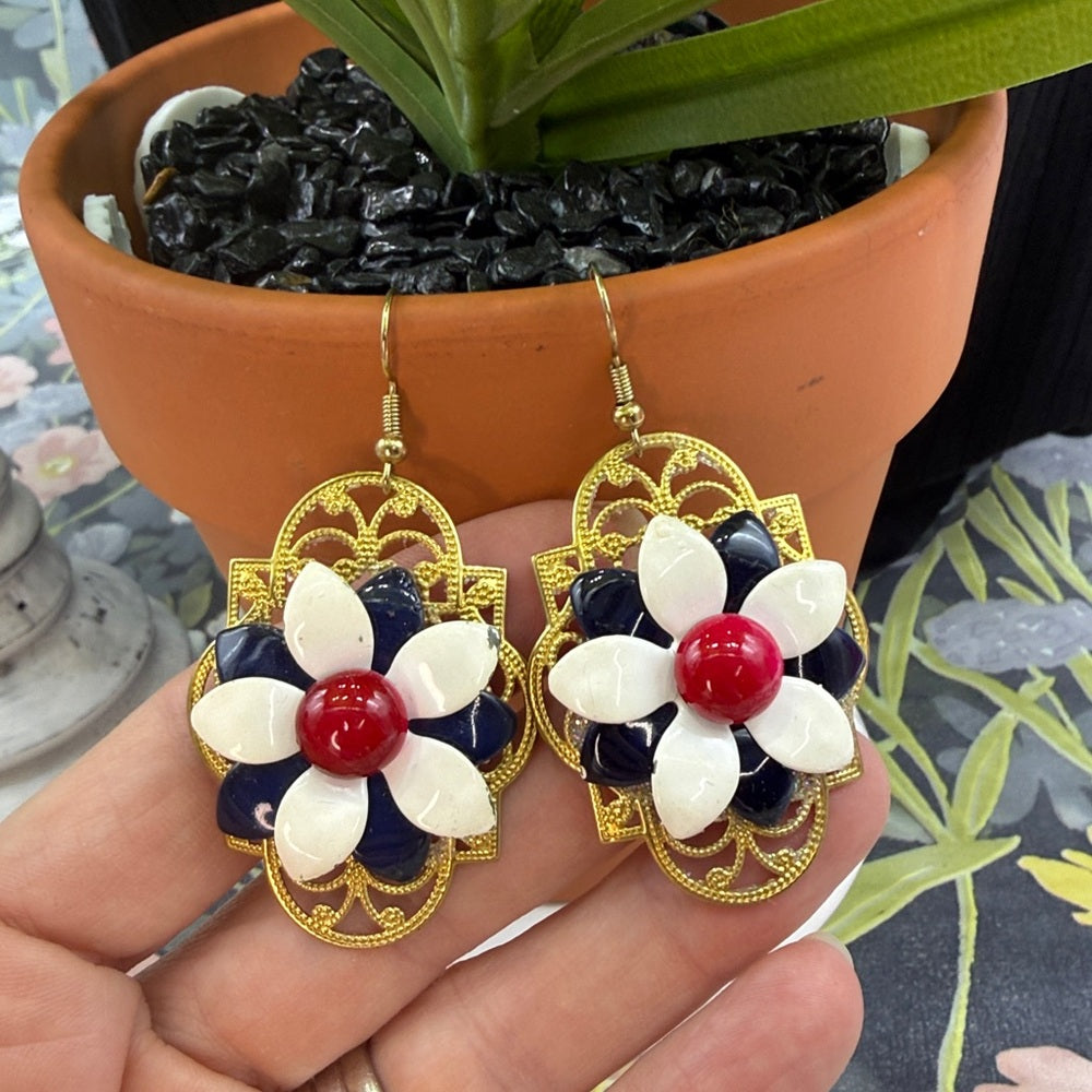 Adorned Crown Jewelry july 4th red white blue flower earrings