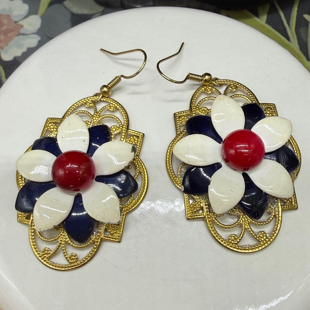 Adorned Crown Jewelry july 4th red white blue flower earrings