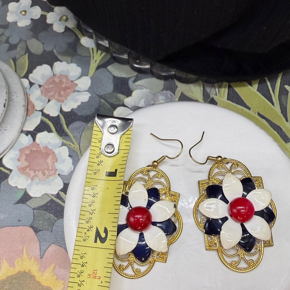 Adorned Crown Jewelry july 4th red white blue flower earrings