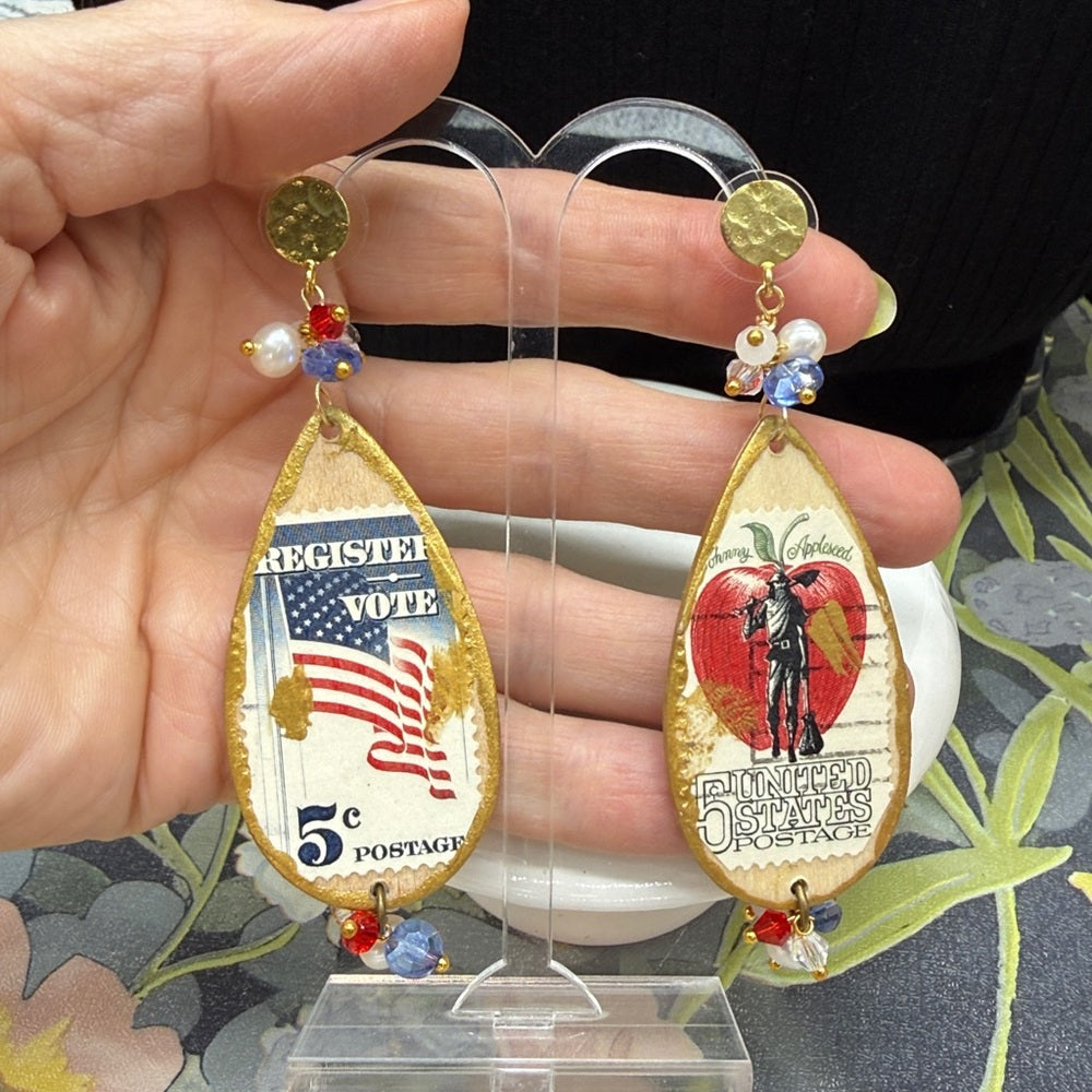 Adorned Crown Jewelry assemblage vintage stamps America USA patriotic earrings