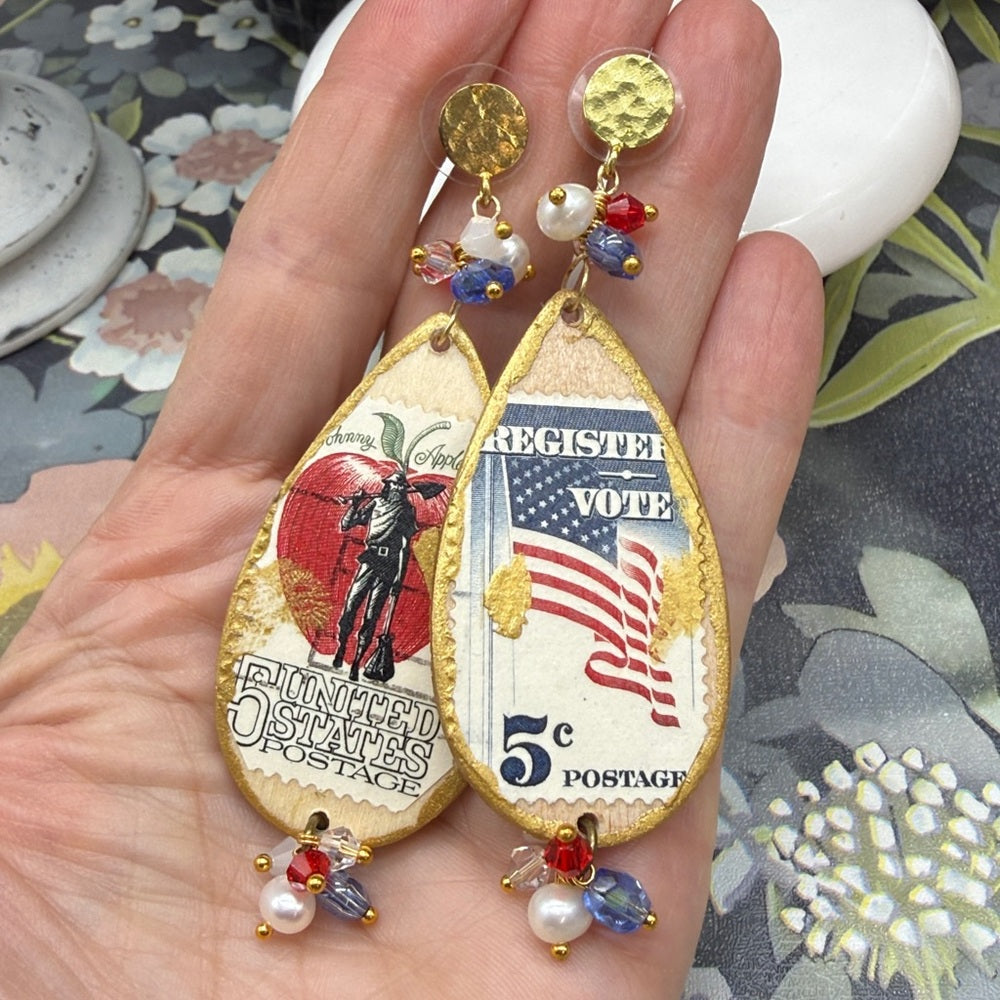 Adorned Crown Jewelry assemblage vintage stamps America USA patriotic earrings