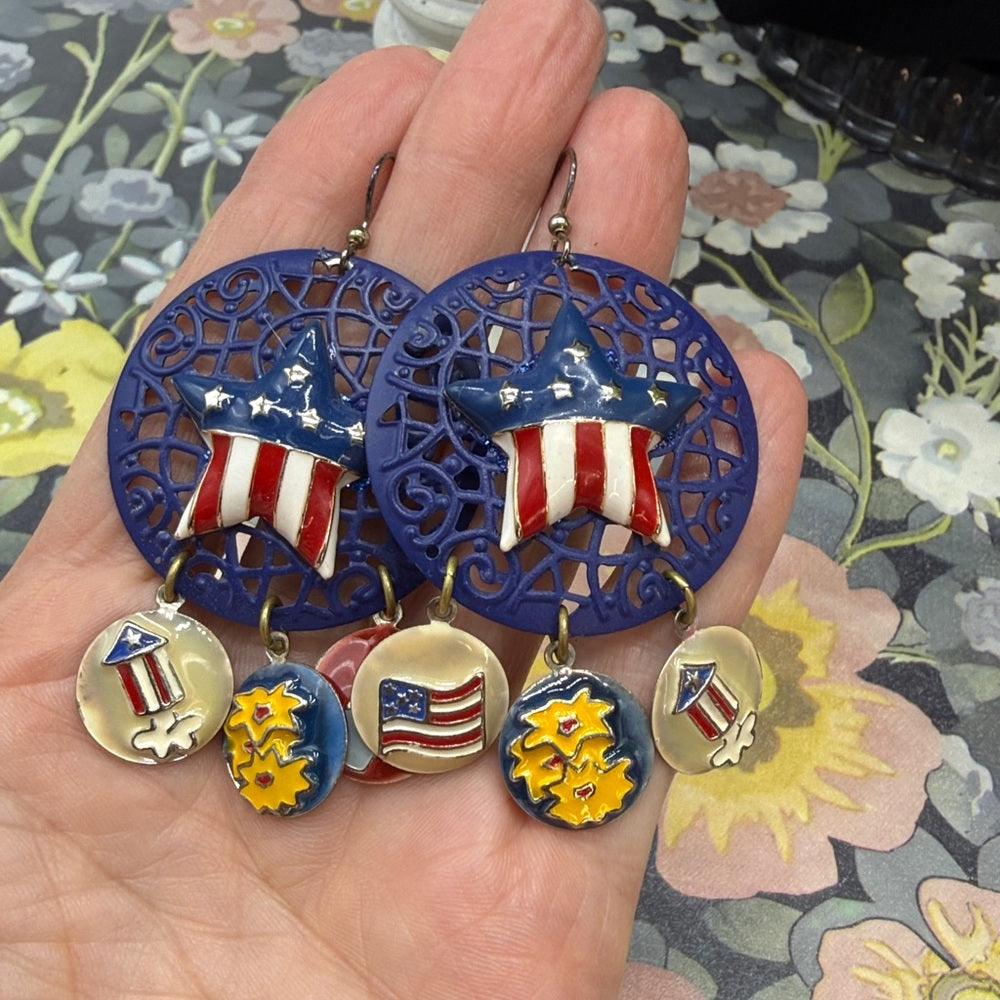 Adorned Crown Jewelry assemblage fireworks July 4 patriotic earrings