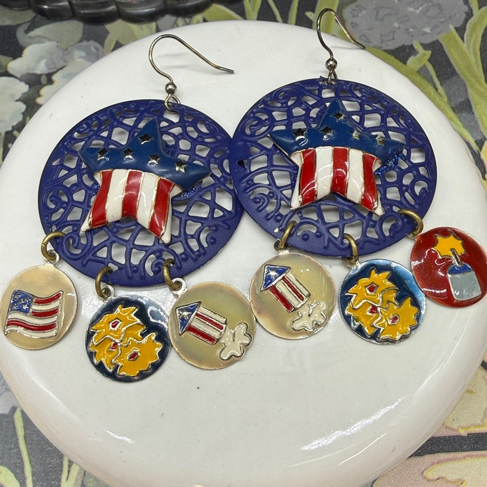 Adorned Crown Jewelry assemblage fireworks July 4 patriotic earrings
