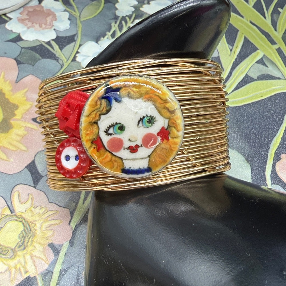 Adorned Crown Jewelry assemblage ceramic button patriotic girl cuff bracelet