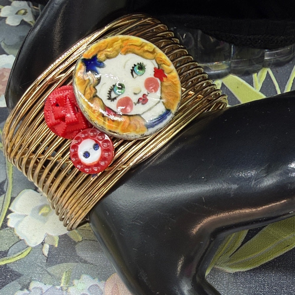 Adorned Crown Jewelry assemblage ceramic button patriotic girl cuff bracelet