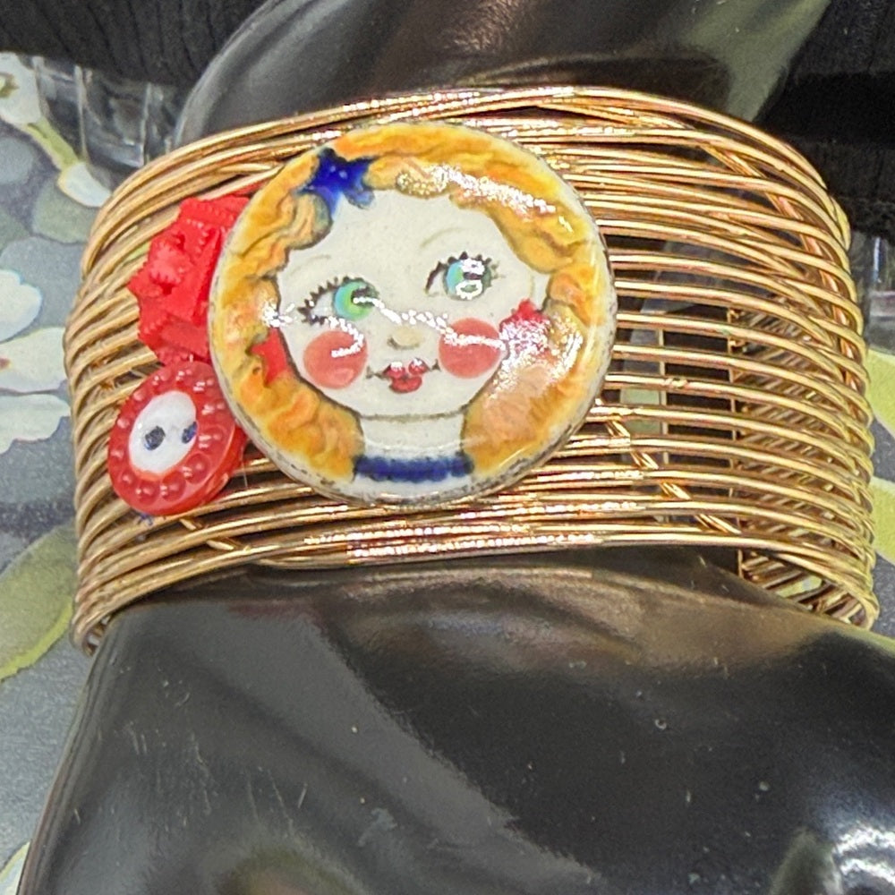 Adorned Crown Jewelry assemblage ceramic button patriotic girl cuff bracelet