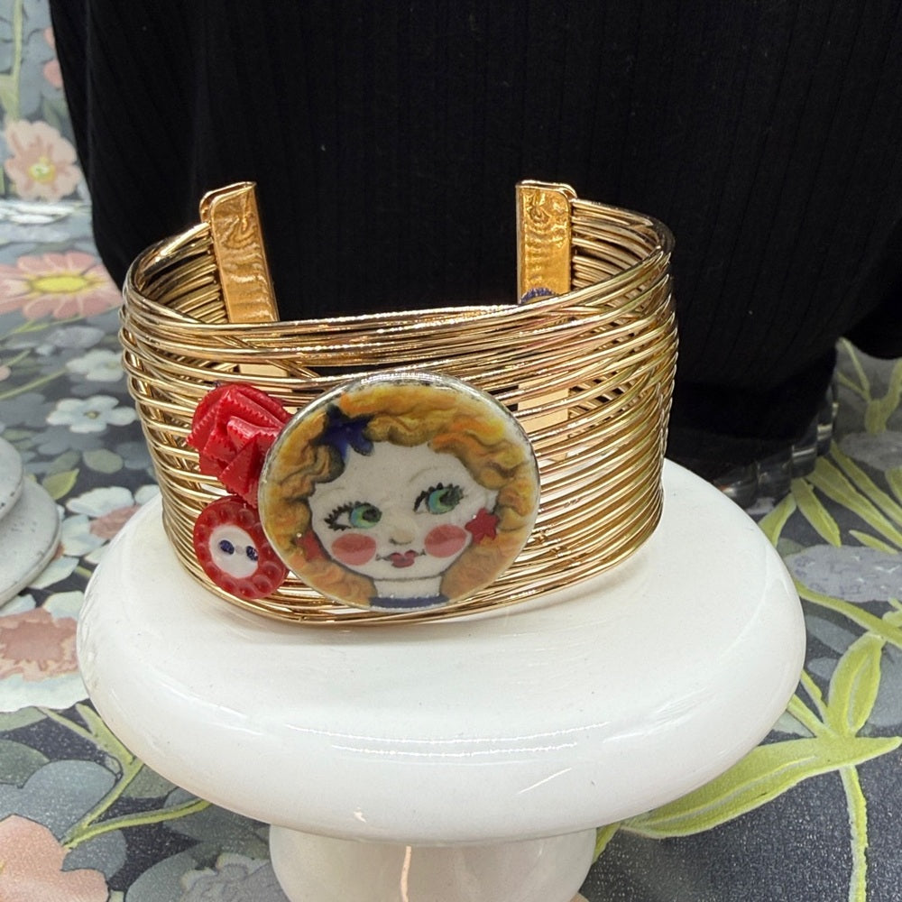 Adorned Crown Jewelry assemblage ceramic button patriotic girl cuff bracelet