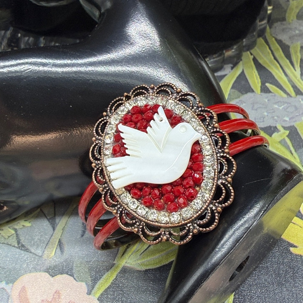 Adorned Crown Jewelry assemblage mother of pearl bird enamel cuff bracelet
