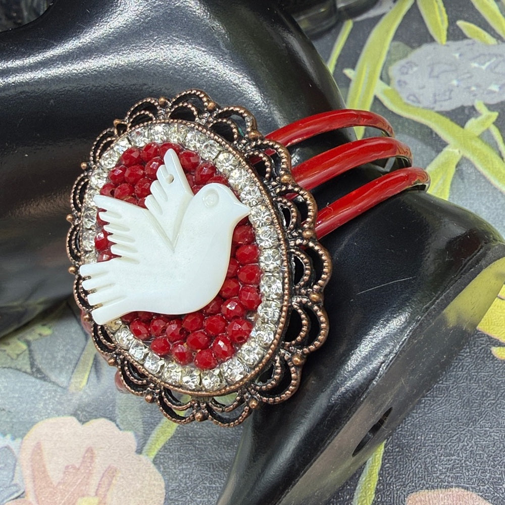 Adorned Crown Jewelry assemblage mother of pearl bird enamel cuff bracelet