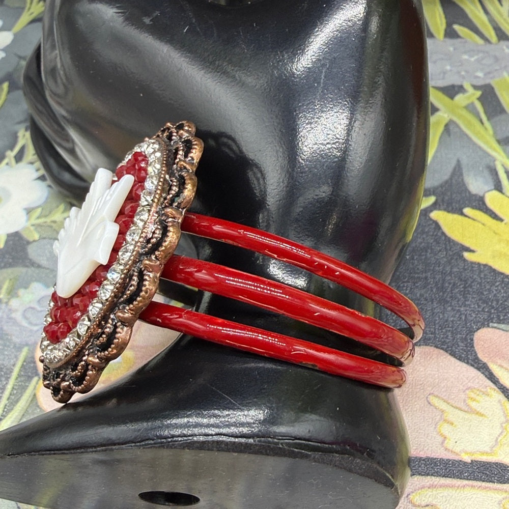 Adorned Crown Jewelry assemblage mother of pearl bird enamel cuff bracelet
