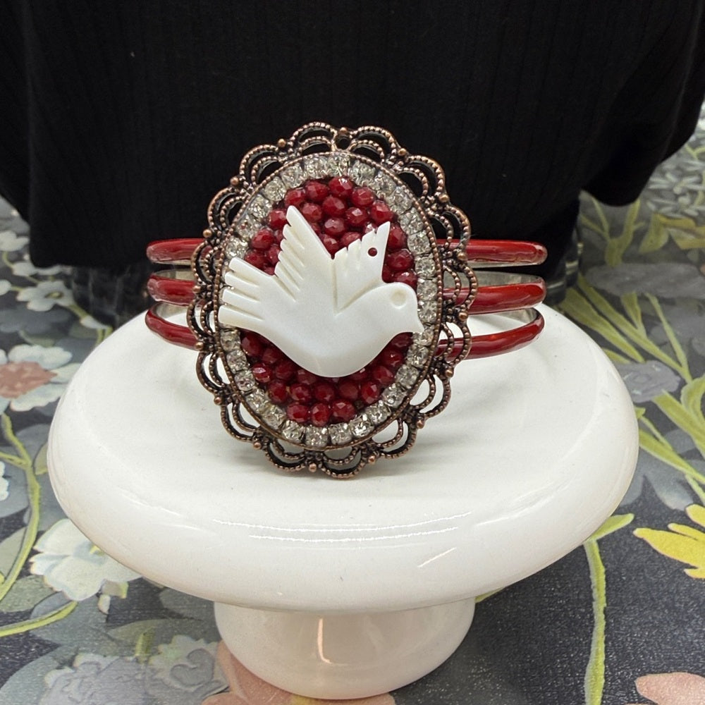 Adorned Crown Jewelry assemblage mother of pearl bird enamel cuff bracelet