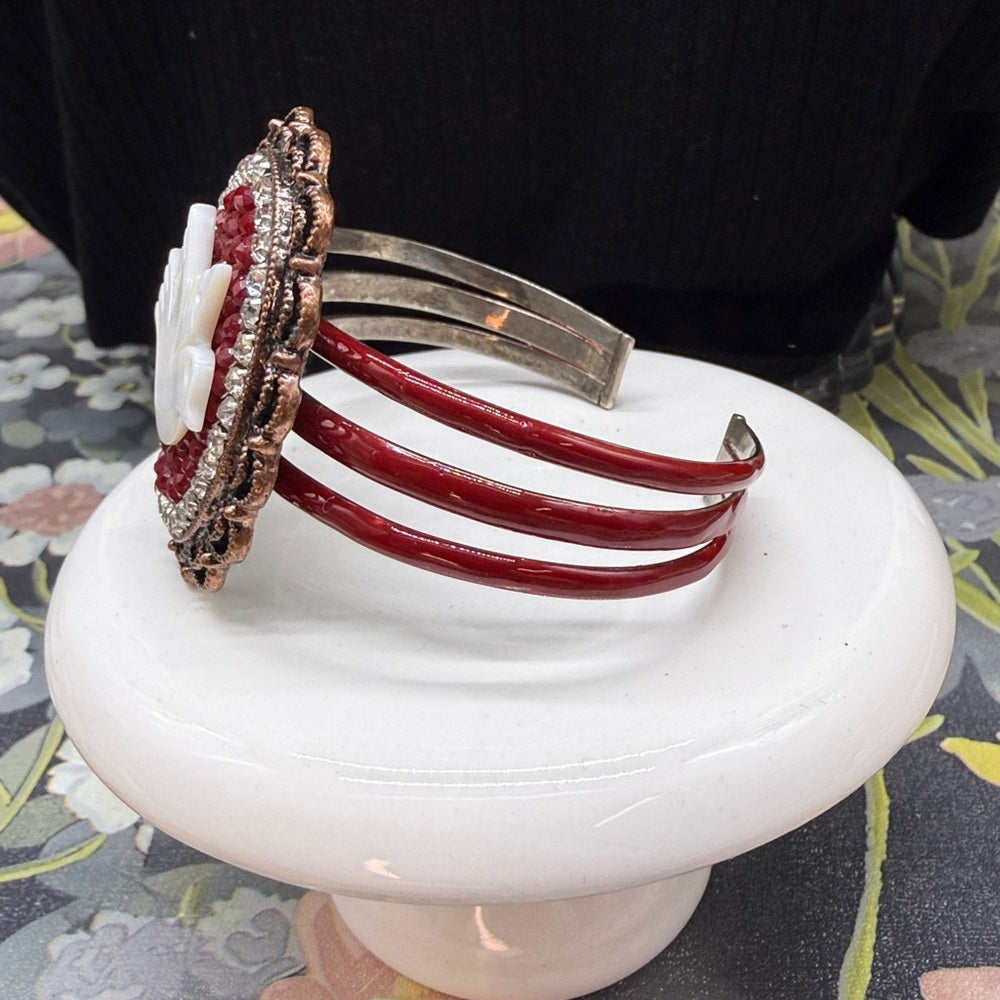 Adorned Crown Jewelry assemblage mother of pearl bird enamel cuff bracelet