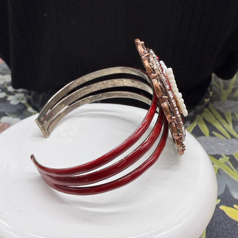 Adorned Crown Jewelry assemblage mother of pearl bird enamel cuff bracelet