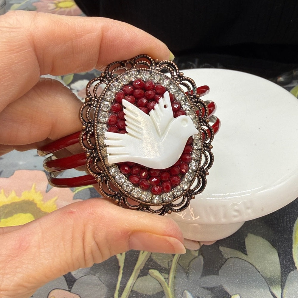 Adorned Crown Jewelry assemblage mother of pearl bird enamel cuff bracelet