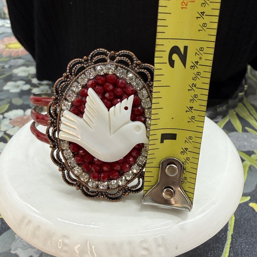 Adorned Crown Jewelry assemblage mother of pearl bird enamel cuff bracelet