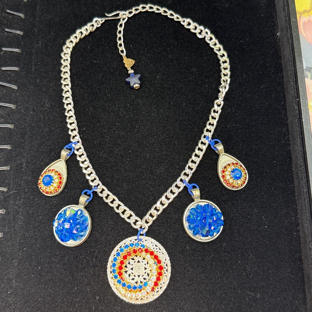 Adorned Crown Jewelry red white blue rhinestone drops necklace