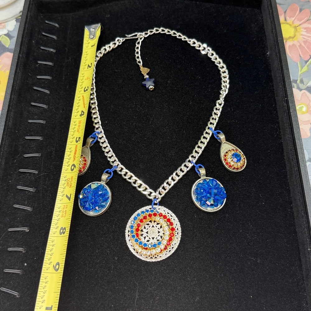 Adorned Crown Jewelry red white blue rhinestone drops necklace