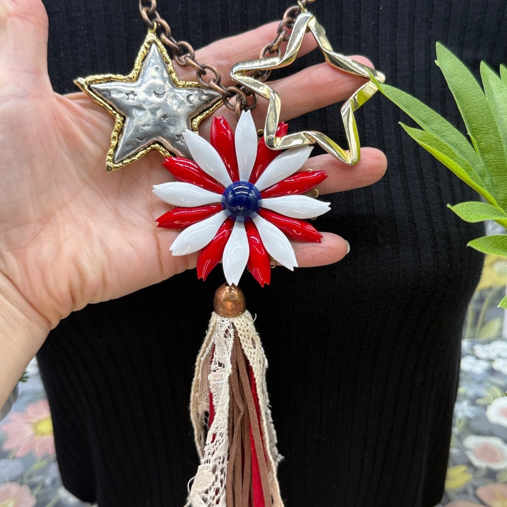 Adorned Crown Jewelry Stars and Stripes forever enamel heart tassel necklace