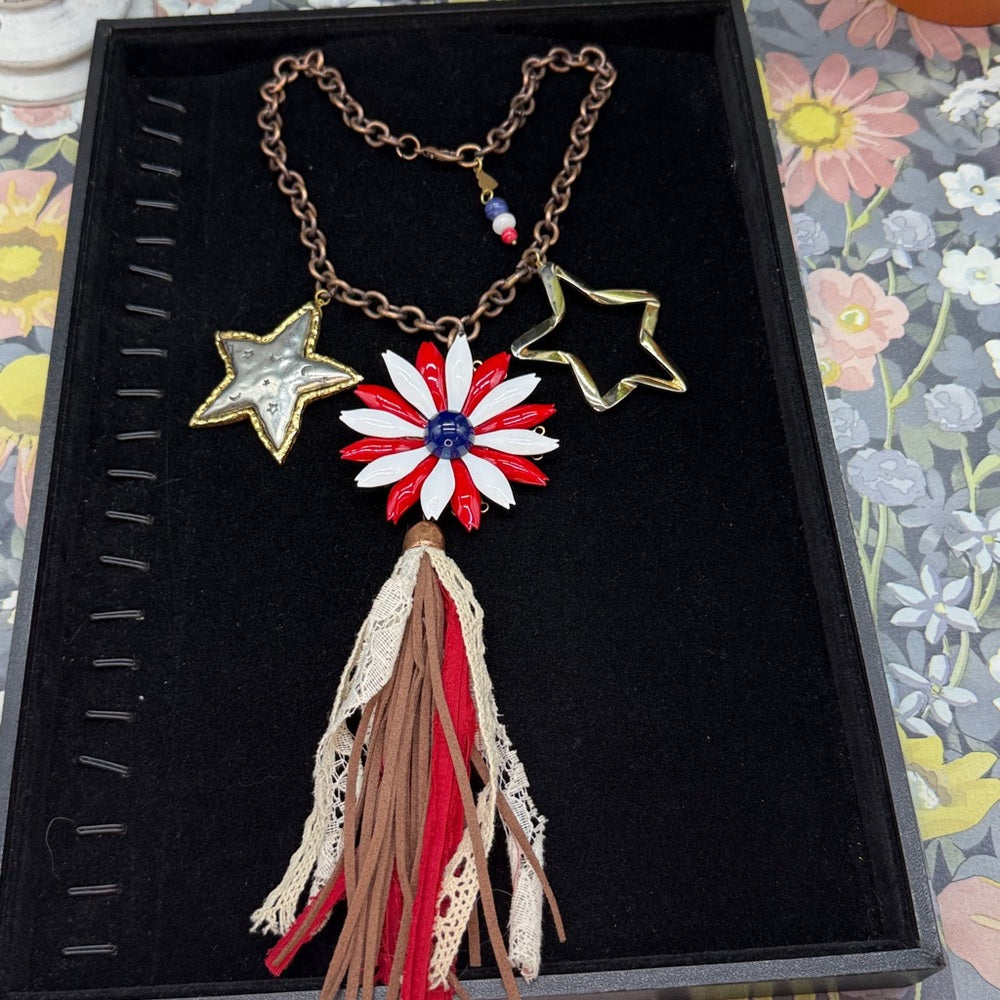 Adorned Crown Jewelry Stars and Stripes forever enamel heart tassel necklace
