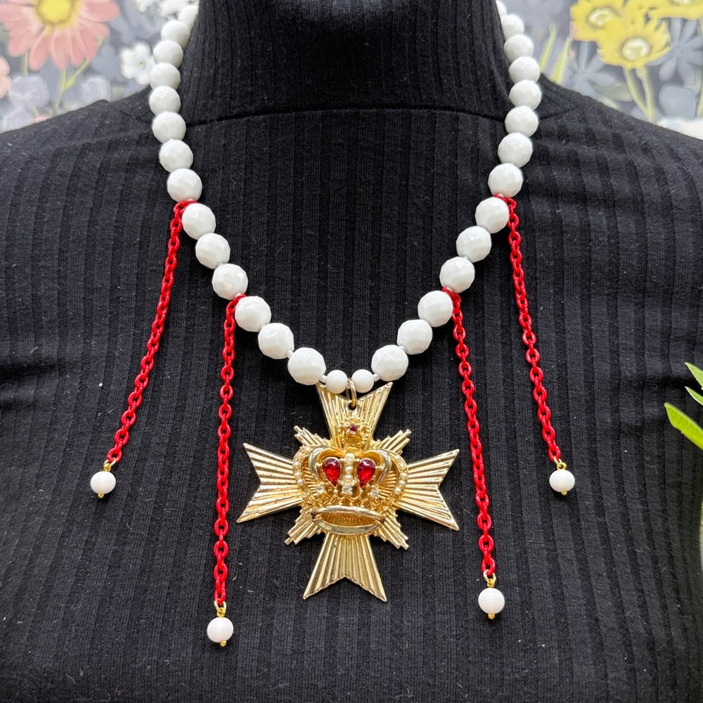 Adorned Crown Jewelry assemblage Maltese cross crown red rhinestone necklace
