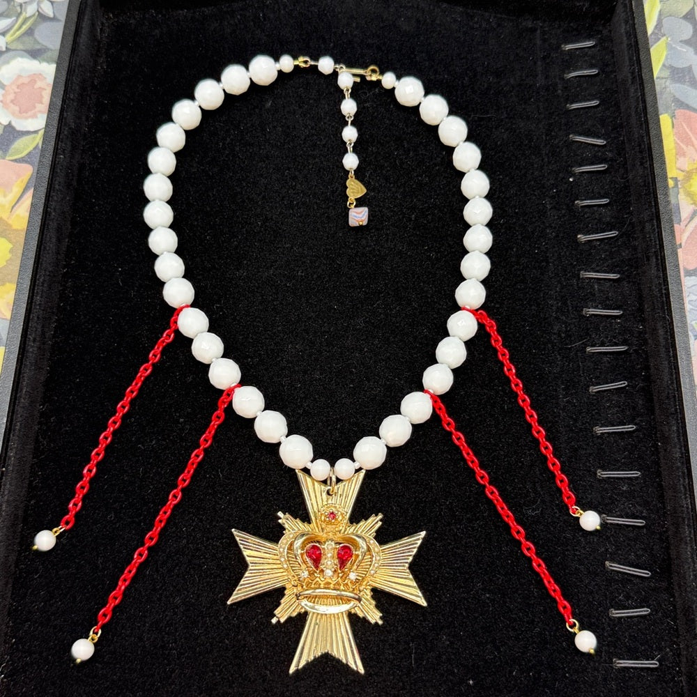 Adorned Crown Jewelry assemblage Maltese cross crown red rhinestone necklace