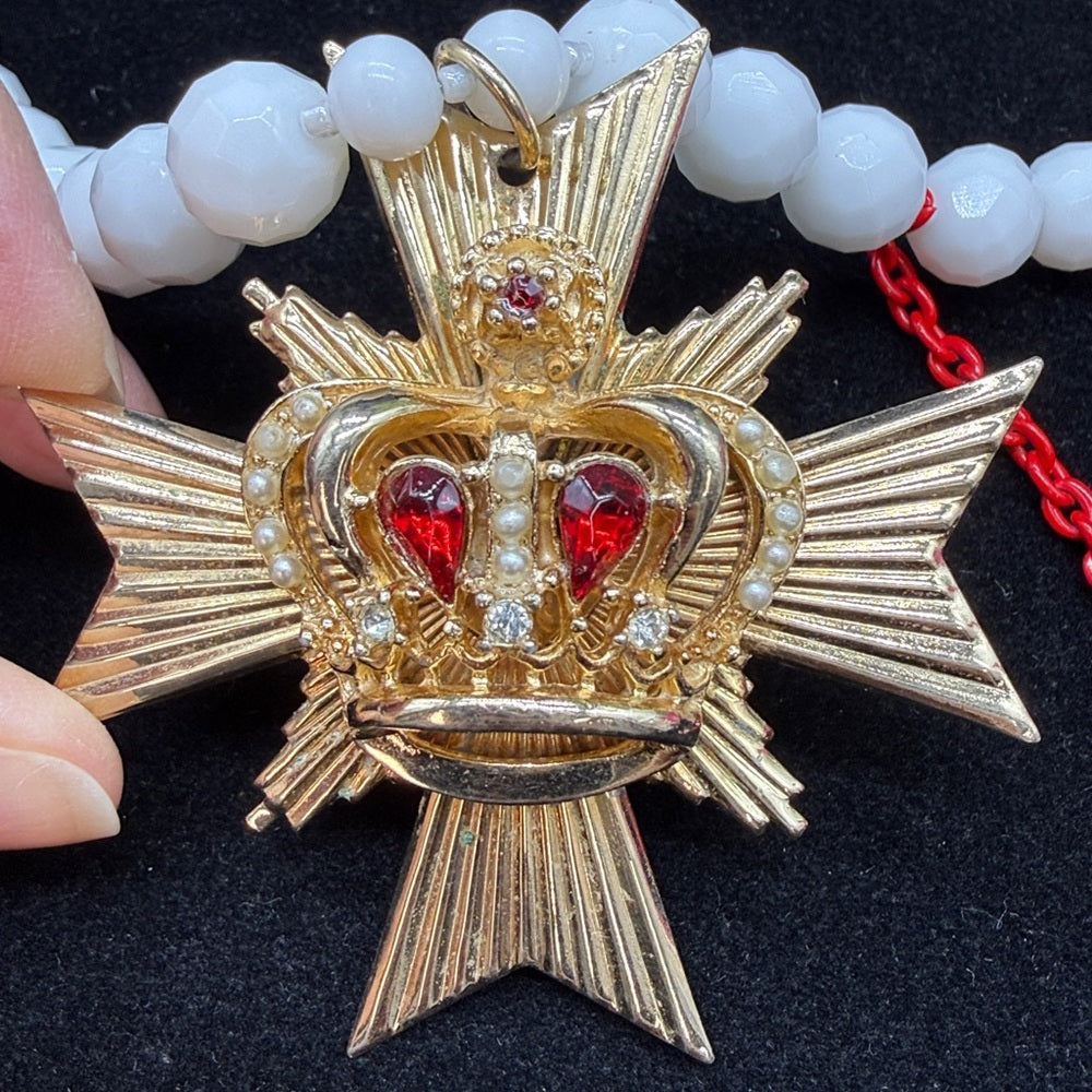 Adorned Crown Jewelry assemblage Maltese cross crown red rhinestone necklace