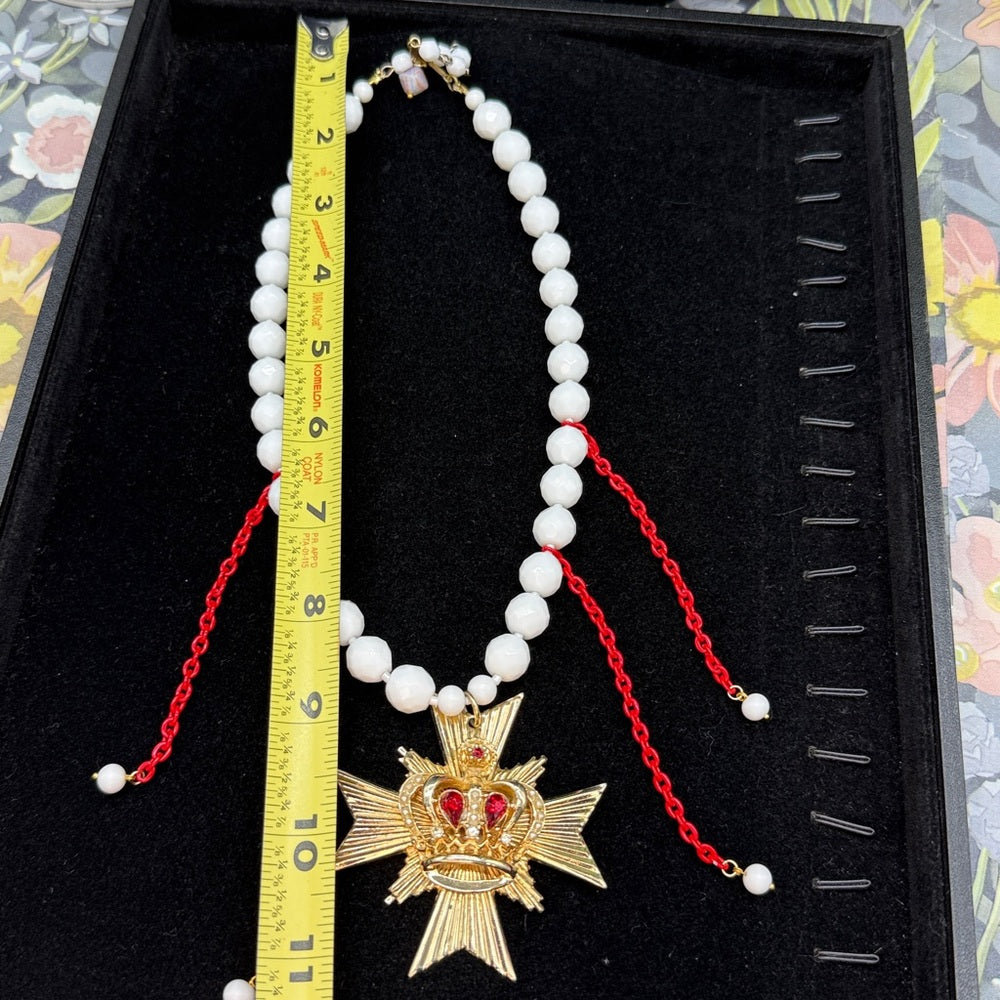 Adorned Crown Jewelry assemblage Maltese cross crown red rhinestone necklace