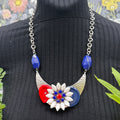 Adorned Crown Jewelry assemblage red white blue flower button bib necklace
