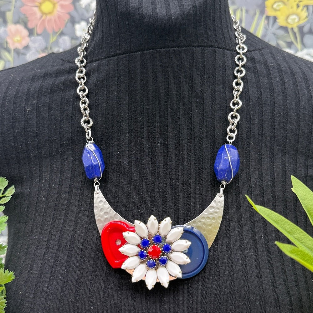 Adorned Crown Jewelry assemblage red white blue flower button bib necklace