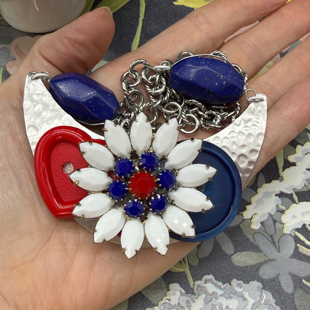Adorned Crown Jewelry assemblage red white blue flower button bib necklace