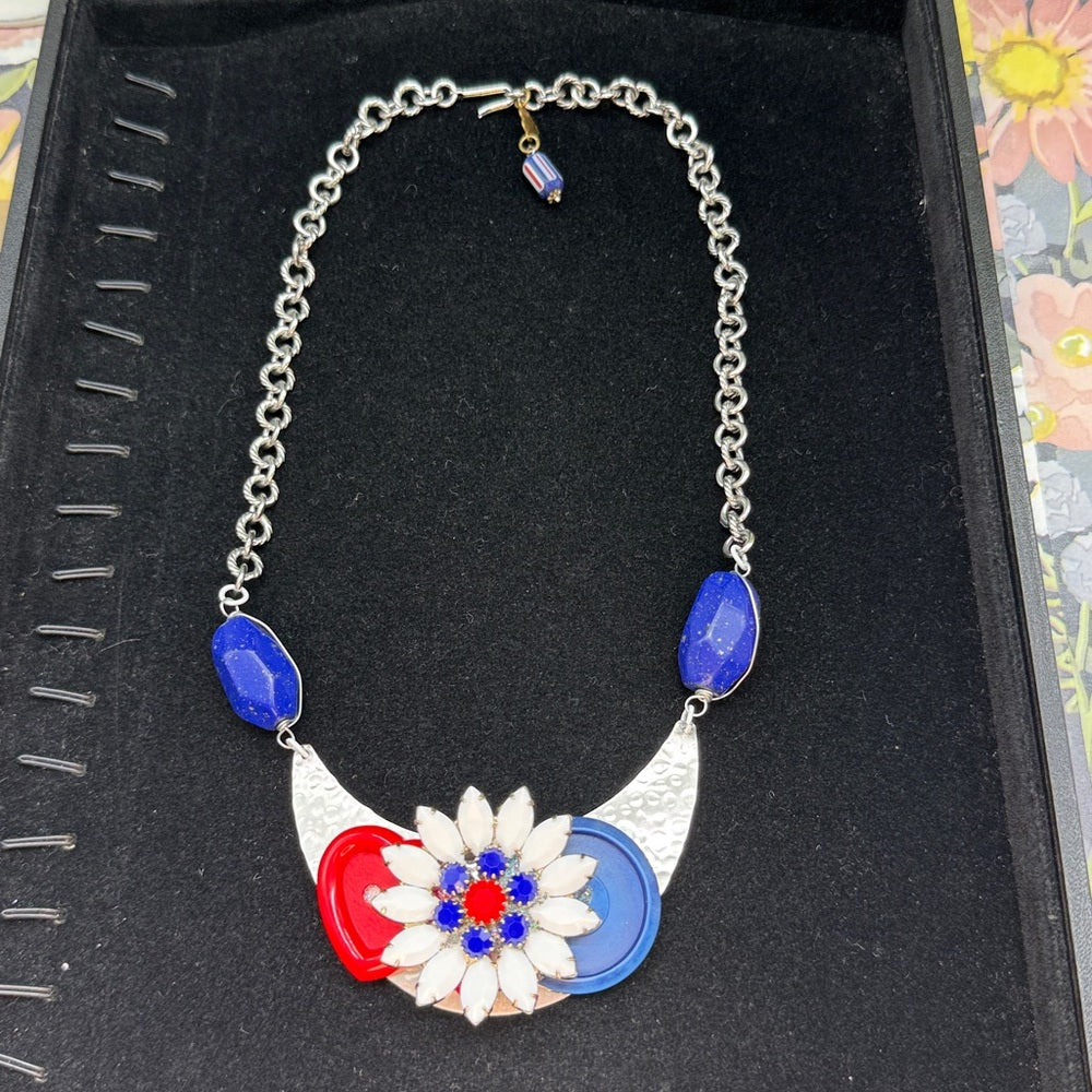 Adorned Crown Jewelry assemblage red white blue flower button bib necklace