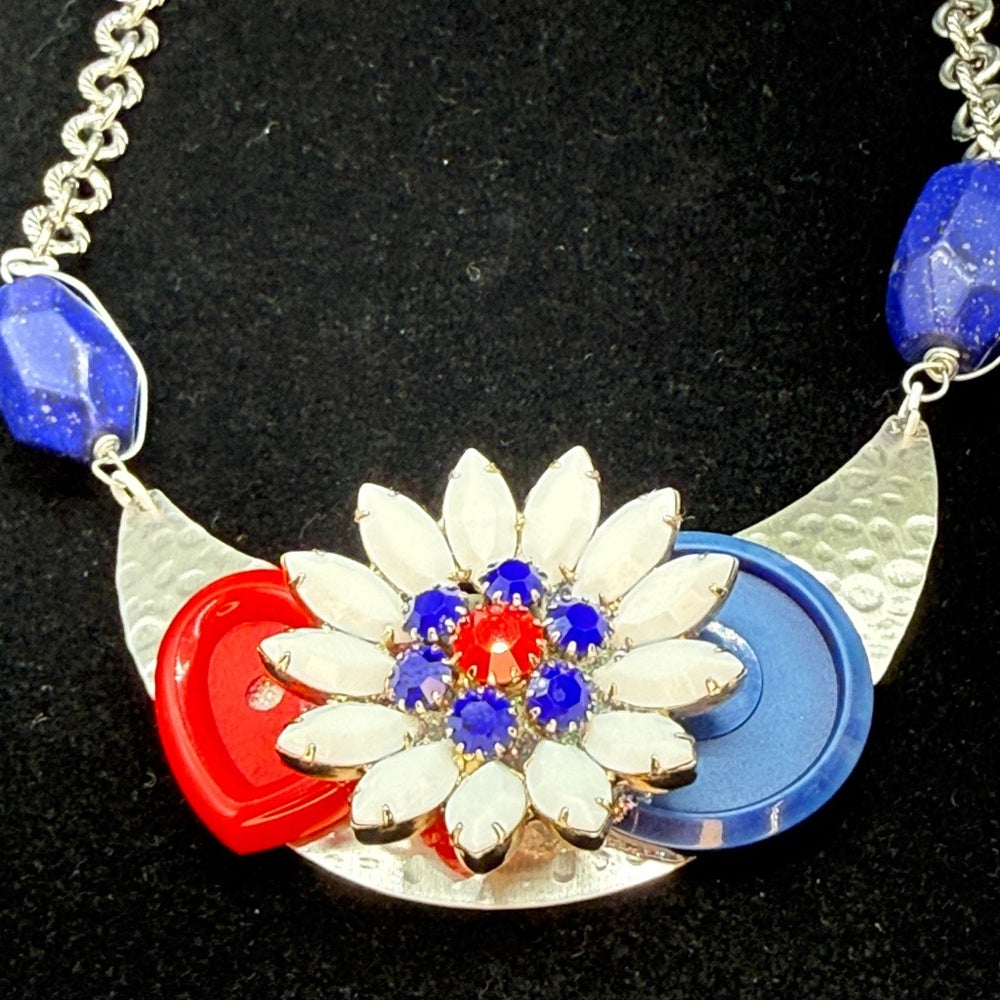 Adorned Crown Jewelry assemblage red white blue flower button bib necklace