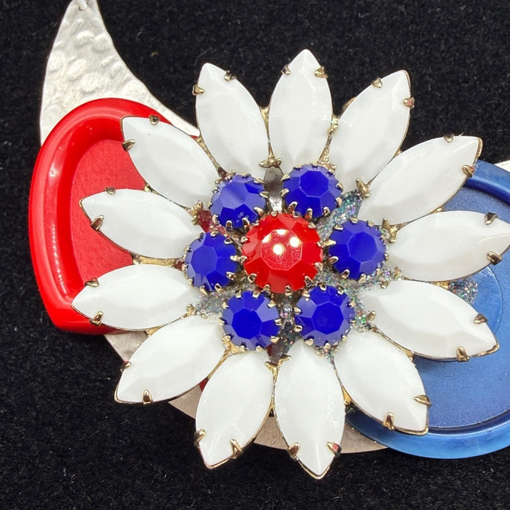 Adorned Crown Jewelry assemblage red white blue flower button bib necklace