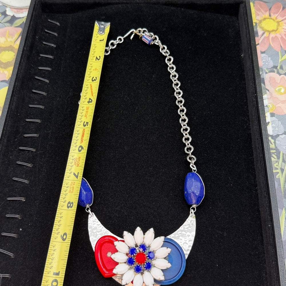 Adorned Crown Jewelry assemblage red white blue flower button bib necklace