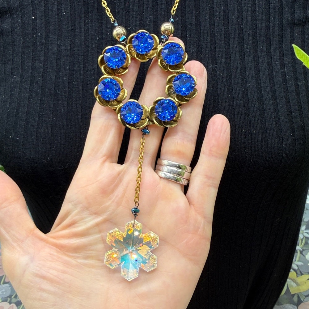 Adorned Crown Jewelry assemblage blue ring fire & ice crystal pearl necklace