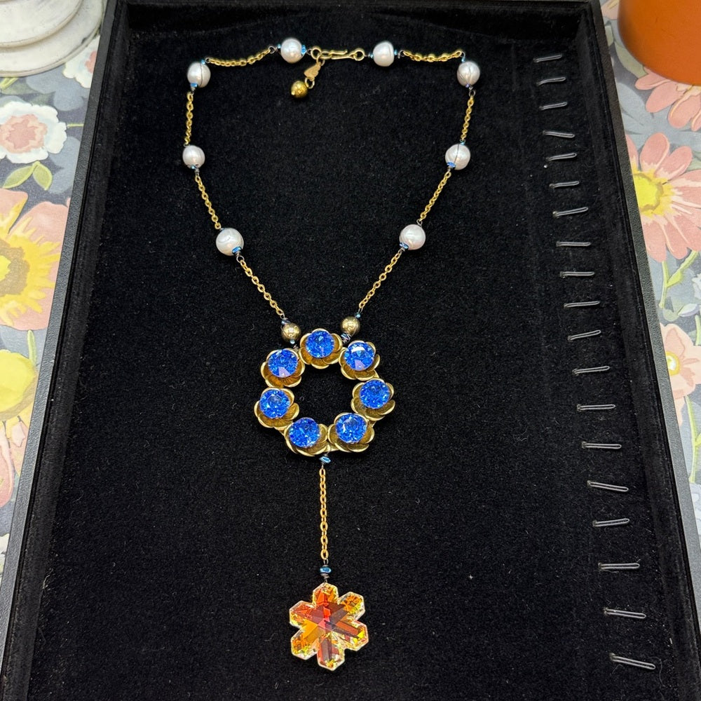 Adorned Crown Jewelry assemblage blue ring fire & ice crystal pearl necklace