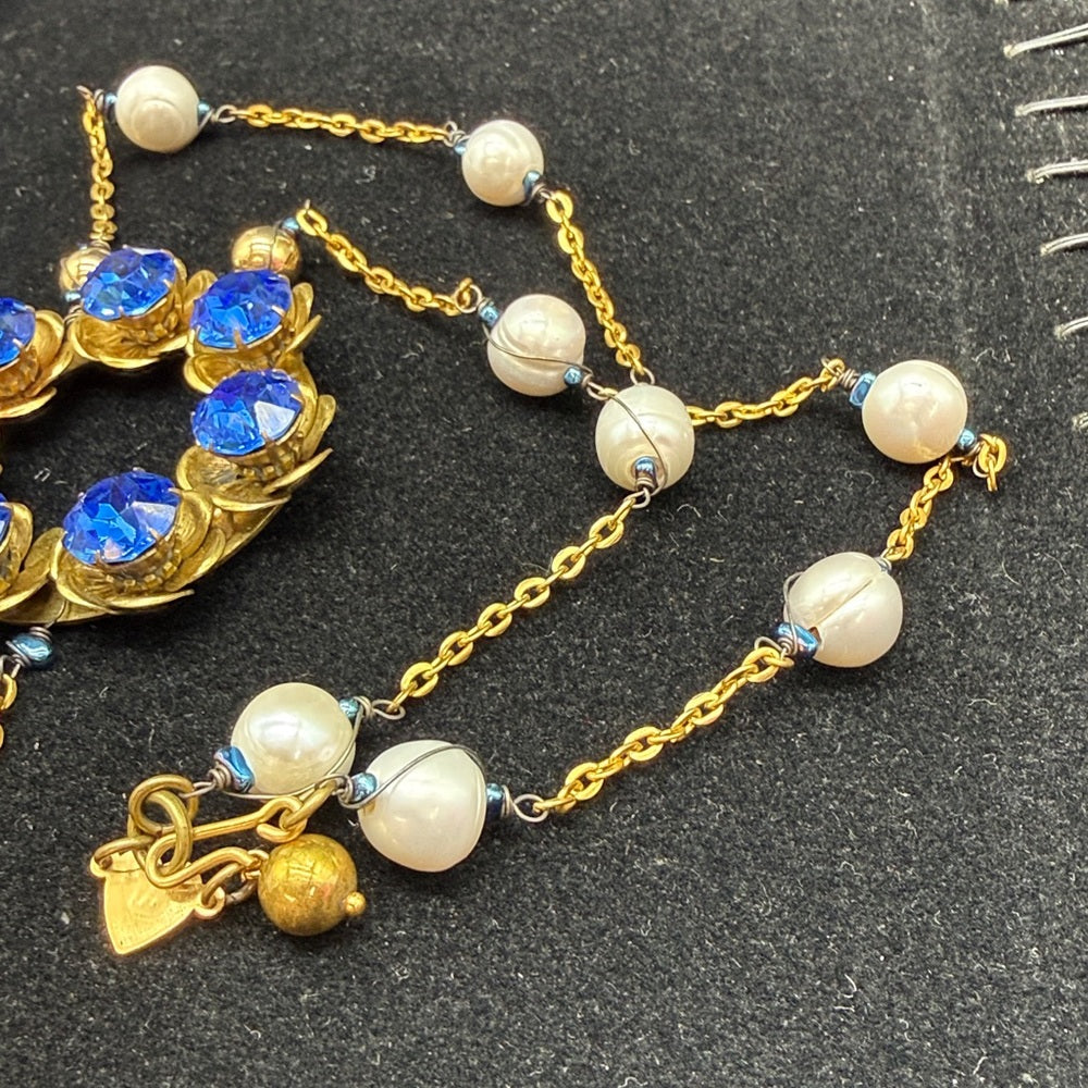Adorned Crown Jewelry assemblage blue ring fire & ice crystal pearl necklace