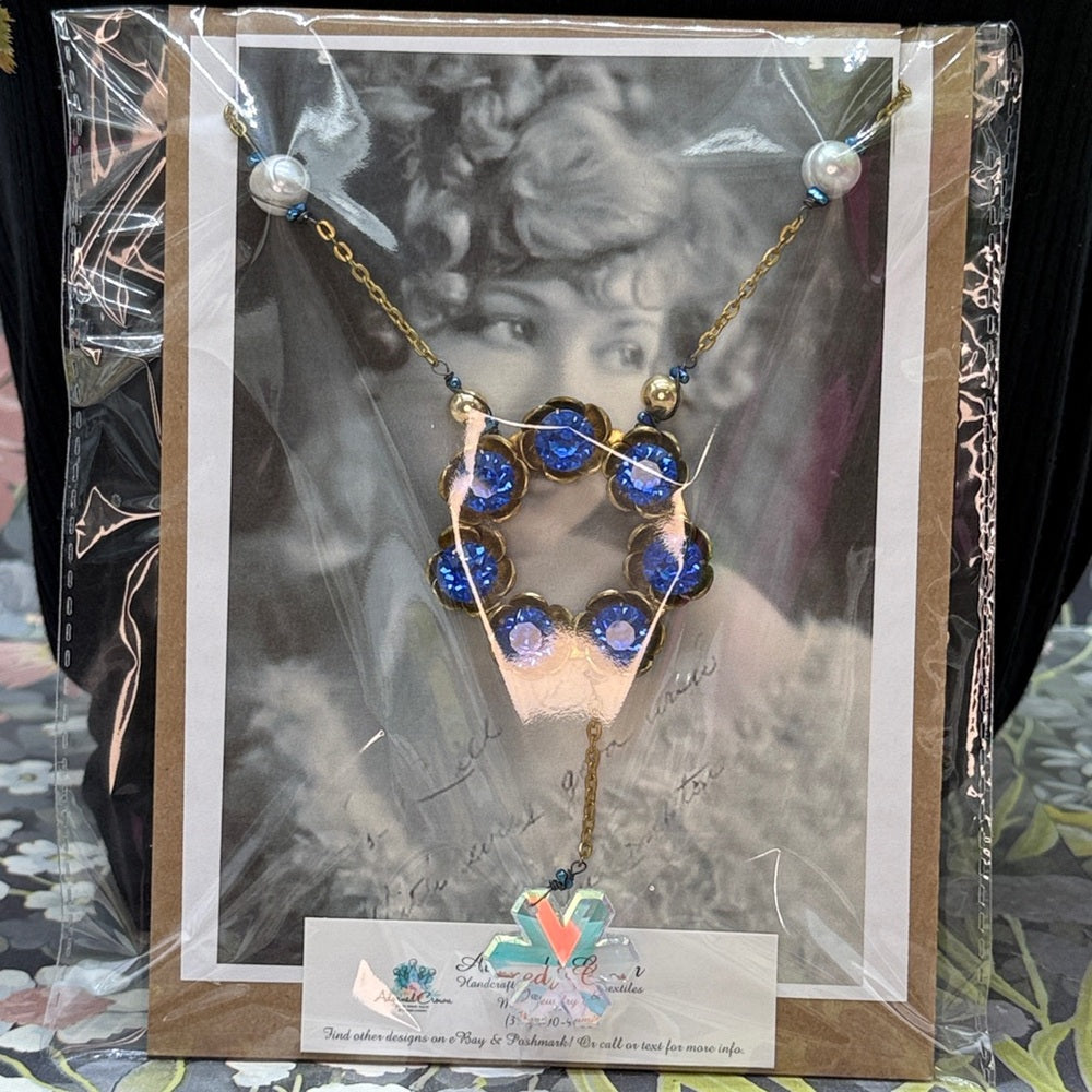 Adorned Crown Jewelry assemblage blue ring fire & ice crystal pearl necklace