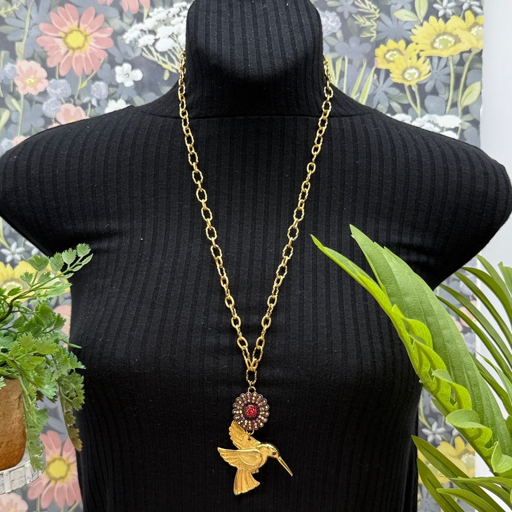Adorned Crown Jewelry assemblage hummingbird red rhinestone necklace