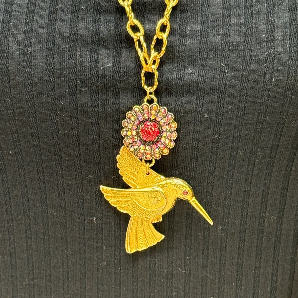 Adorned Crown Jewelry assemblage hummingbird red rhinestone necklace